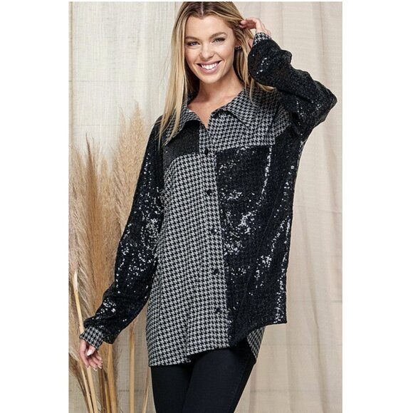 New Upscale Houndstooth and Black Sequin Fun Button up Shirt Runs big size L - Picture 1 of 9